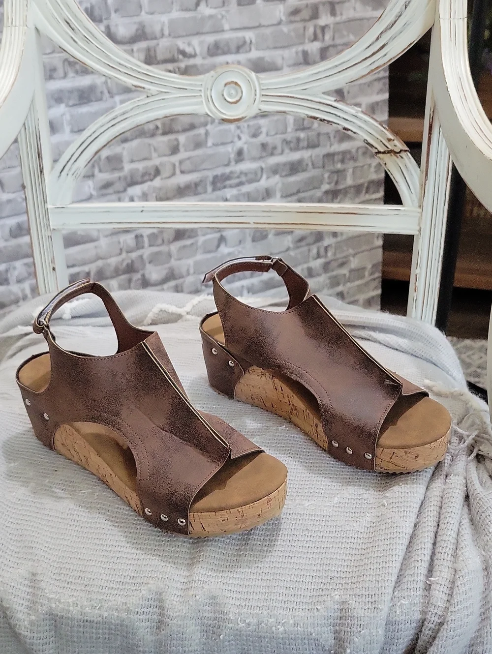 Cork Wedge Peep Toe Sandals - Bronze Brown Classic Comfort, Womens Sz 10 (41)